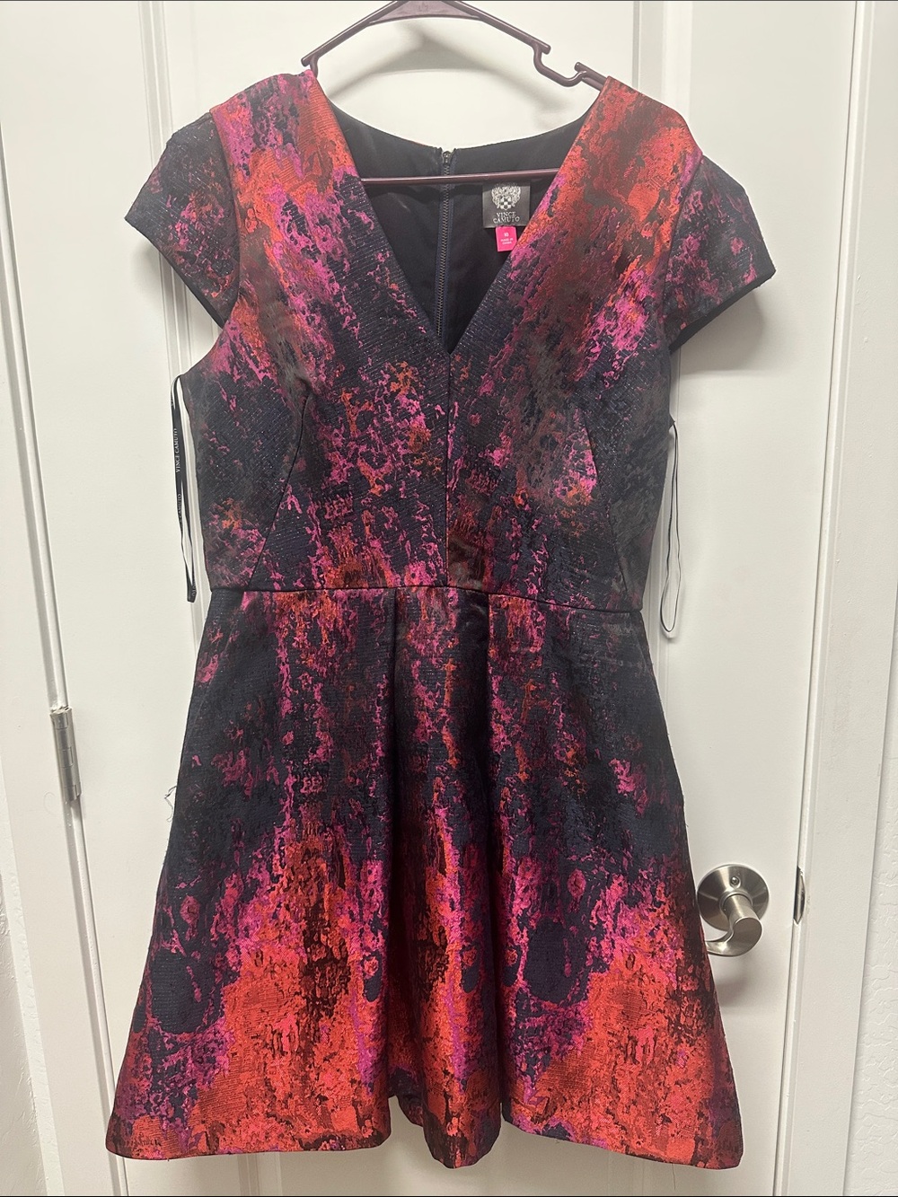 Vince Camuto Black with Red and Pink Jacquard Fit & Flare Dress